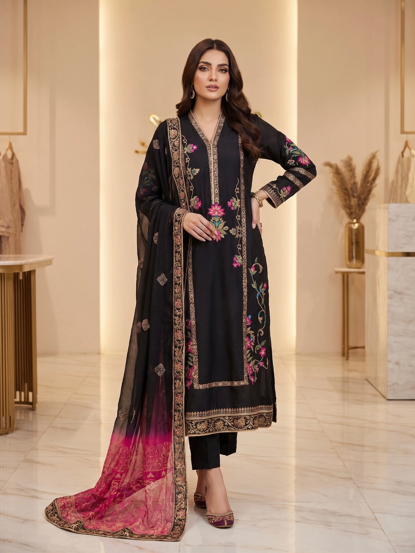 Model in a black shisha silk suit with floral embroidery from the Moughal atelier